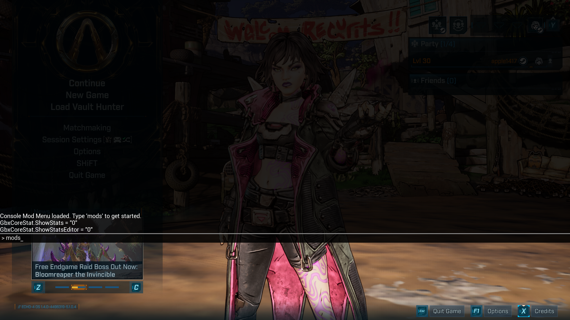 The console-based mods menu