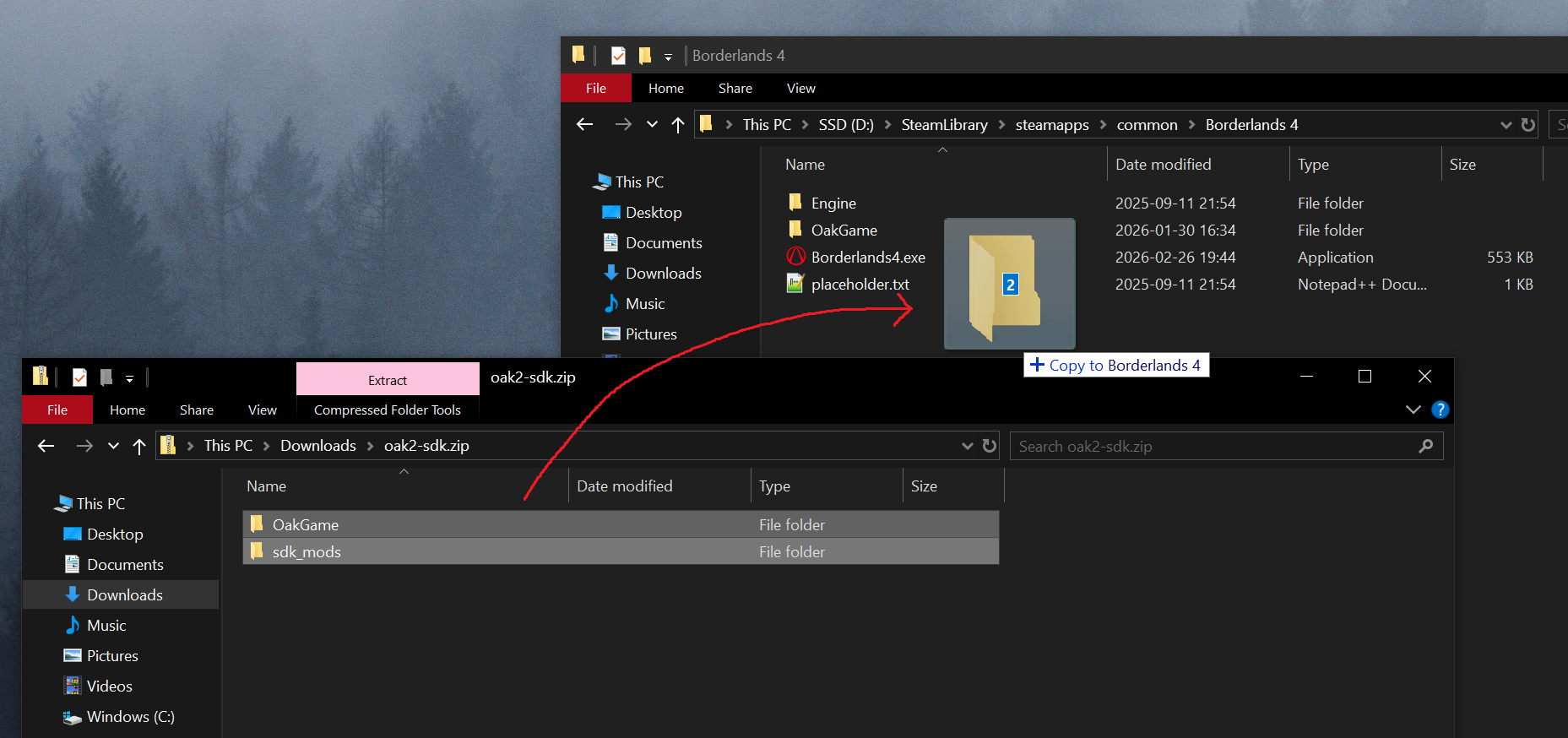 Extracting the zip into the game folder