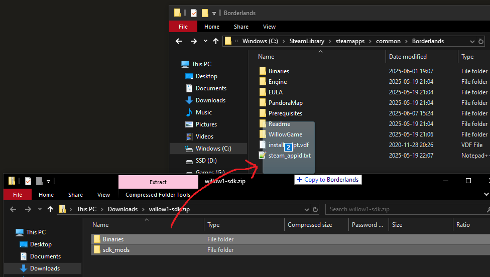Extracting the zip into the game folder