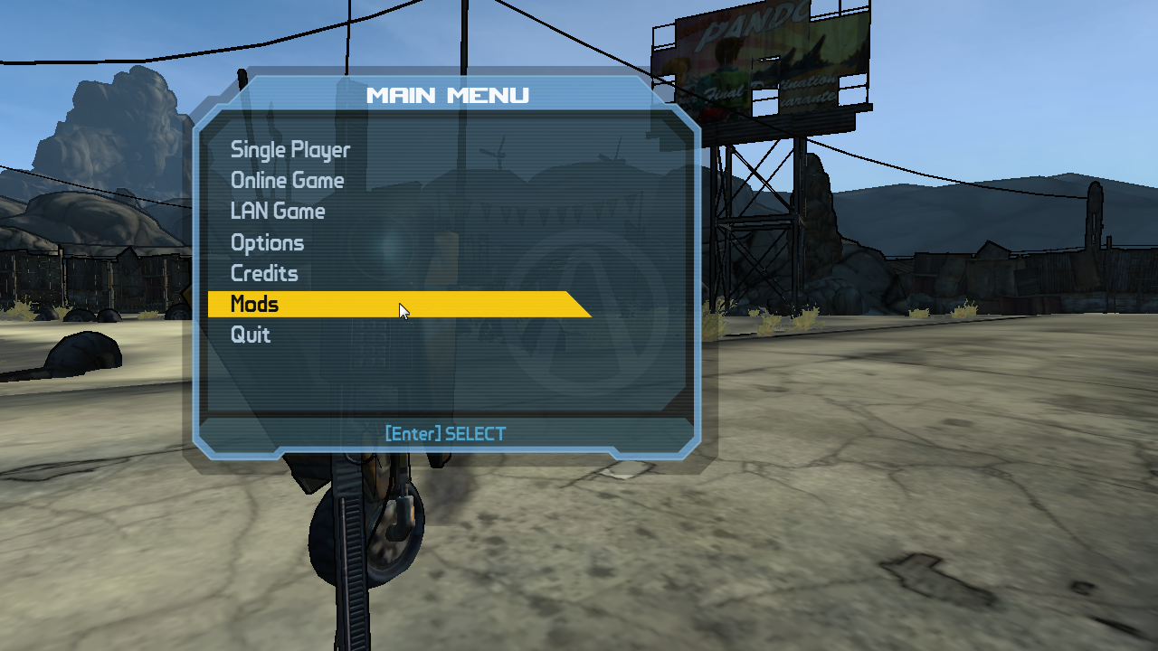 The main menu, with a 'MODS' entry