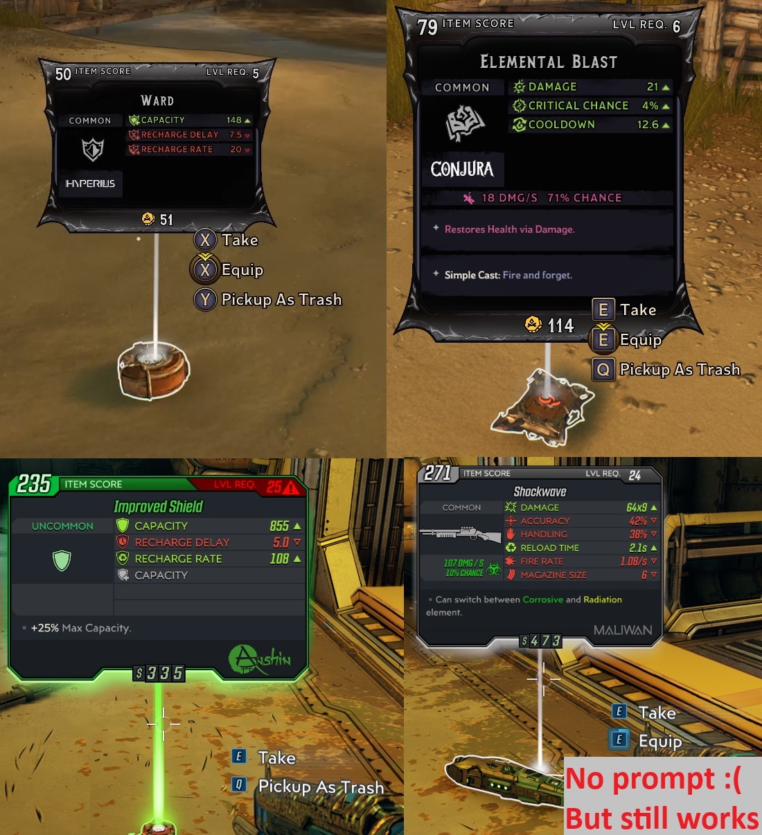 Item cards with Pickup As Trash interaction