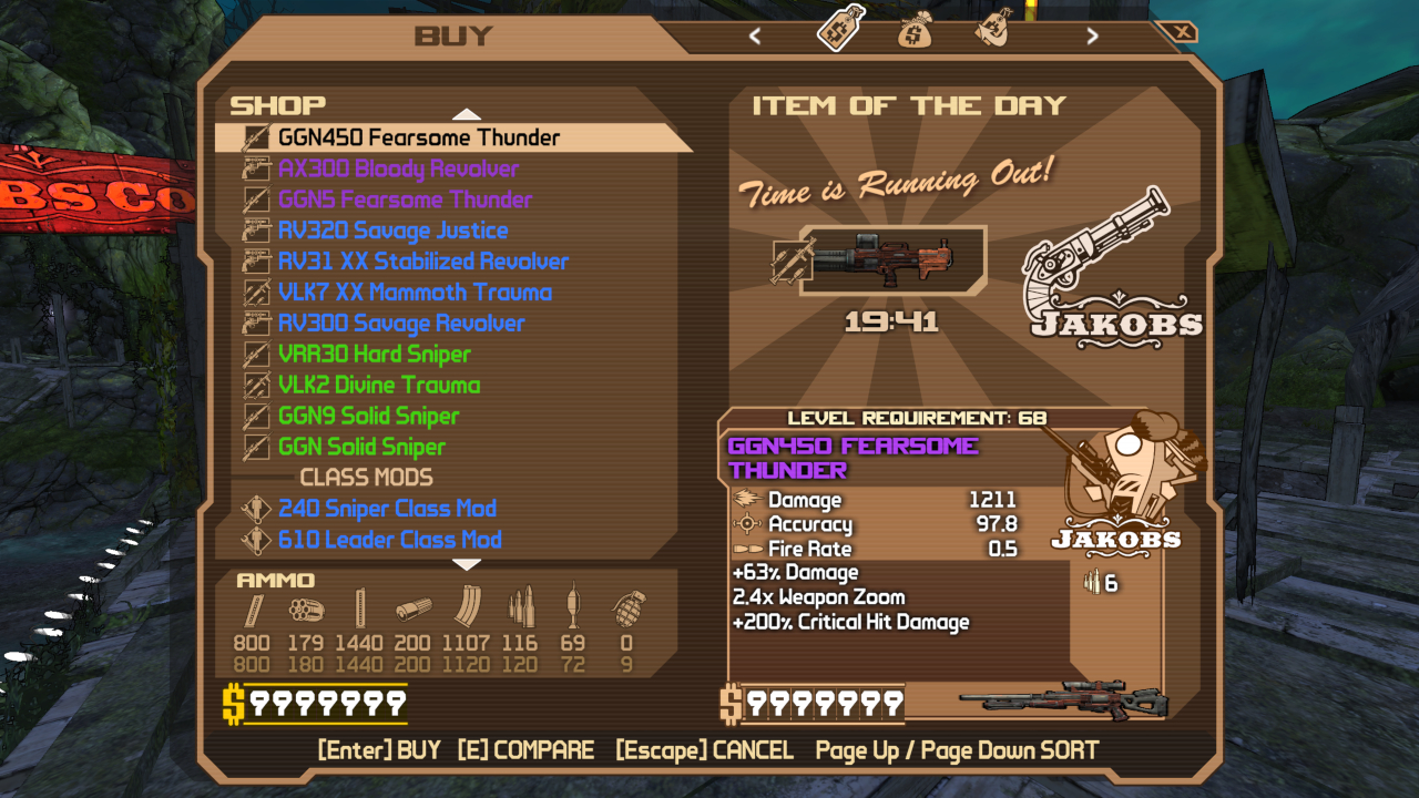 Jakobs Vendor with a better contrast UI, showing only Jakobs weapons, a grenade launcher and class mods