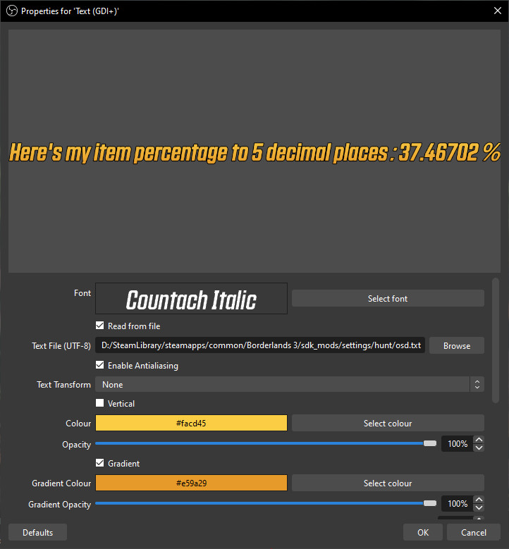 OBS text source settings pulling from the text file